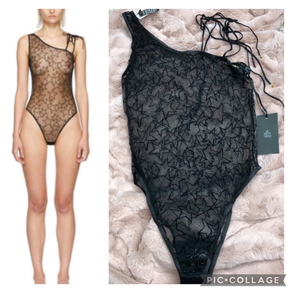 NEW le petit trou M sheer star mesh embroidered one shoulder bodysuit lingerie